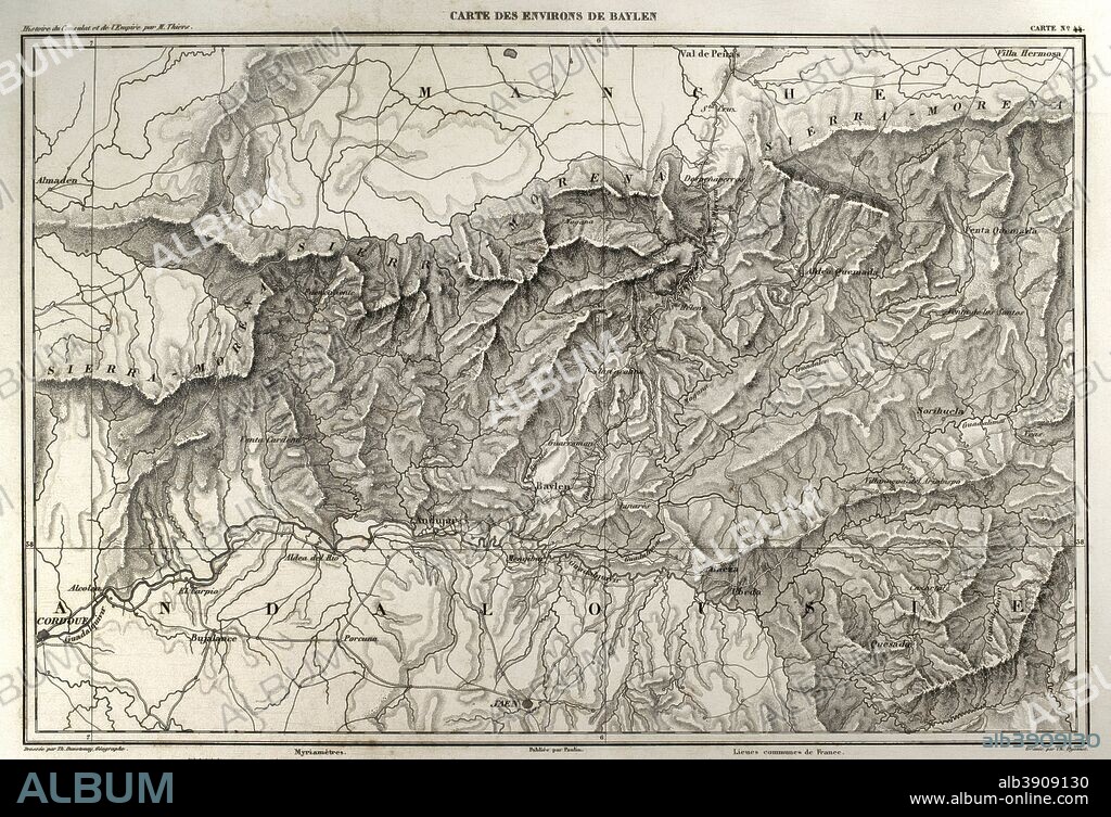 Mapa de los alrededores de Bailén (Andalucia, España). Durante la Guerra de Independencia Española se libró la Batalla de Bailén, primera derrota del ejército francés, el 19 de julio de 1808. Historia del Consulado y del Imperio de Napoleón (Atlas de l'Histoire du Consulat et de l'Empire). Obra de Marie Joseph Louis Adolphe Thiers (1797-1877). Dibujos realizados por Dufour y grabados por Dyonnet. Editado en París, 1864. Biblioteca Histórico Militar de Barcelona. Cataluña, España.