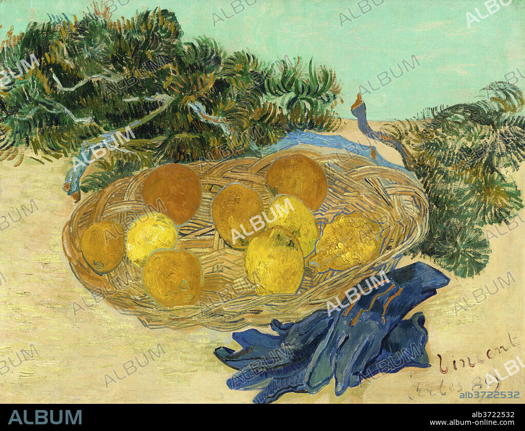 VINCENT VAN GOGH. Still Life of Oranges and Lemons with Blue Gloves. Dated: 1889. Dimensions: overall: 48 × 62 cm (18 7/8 × 24 7/16 in.). Medium: oil on canvas.