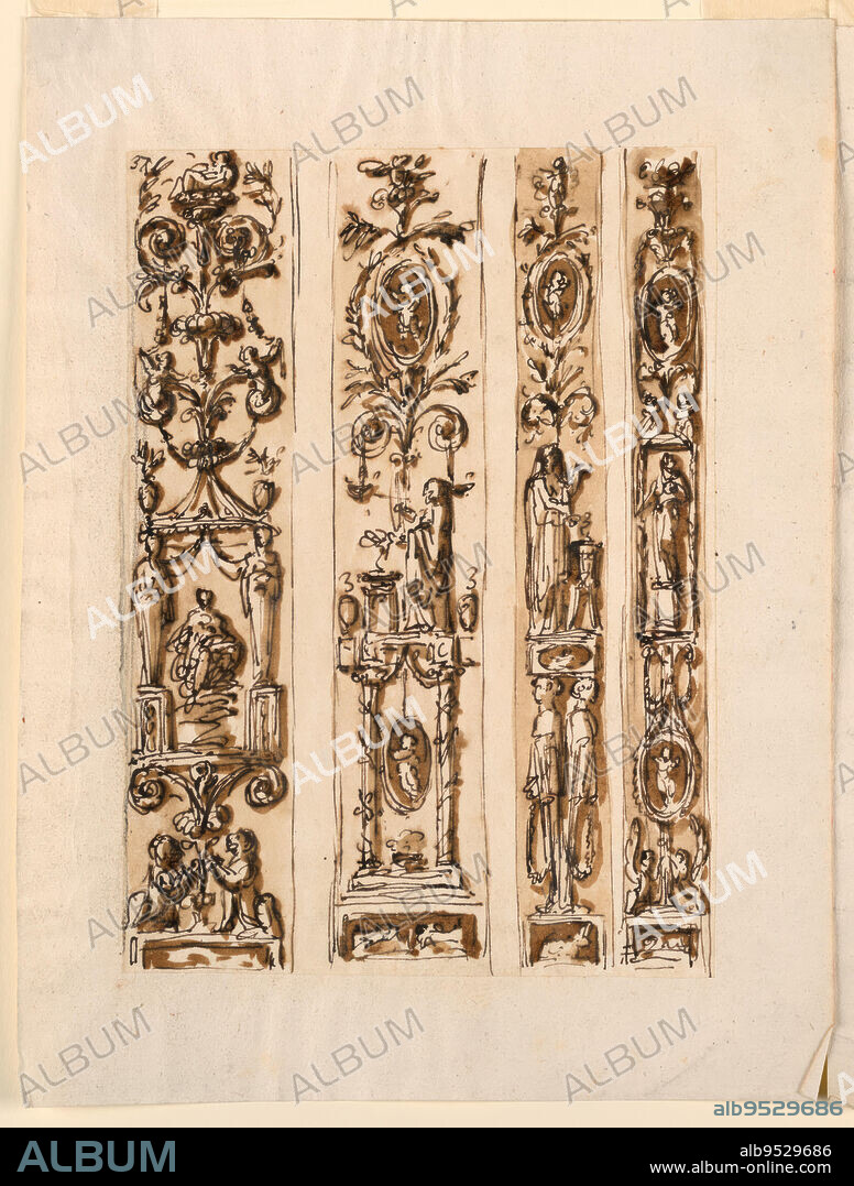 GIUSEPPE BARBERI. One beside the other, separated by empty strips. Each decoration follows the scheme of the candelabrum, starting below from a box-like base. The first two strips are of a greater width than the last ones. Left row: two crouching lions support the stem of a palmette flower above which rises a pavillion with a goddess inside sitting upon clouds. A plant candelabrum springs from the roof of the pavilion. Charcoal lines are at the left edge. Second row: Two fighting animals are represented at the base. Above is a plant candelabrum, with an ovoidal medallion with a figure in the center. Third row: A rabbit is represented at the base. Two female gaines are shown in profile; they support a base upon which stands a woman performing a sacrifice. Above similar to the second row. Fourth row: Two crouching sphinxes support a stem, in whose center is an ovoidal medallion with a figure, which supports a niche in which a statue stands. ABove are candelabrum motifts with another medallion and two sitting children. Date: ca. 1790. Pen and brown ink, brush and brown wash on lined off-white laid paper.