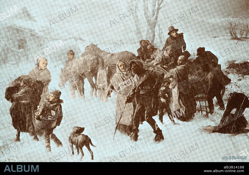 Color enhanced print of the painting entitled: The Underground Railroad by Charles T. Webber. Levi Coffin (October 28, 1798 - September 16, 1877) was an American Quaker, abolitionist, and businessman. He was deeply involved in the Underground Railroad in Indiana and Ohio and his home is often called "Grand Central Station of the Underground Railroad". Thousands of slaves are reported to have passed through his care while escaping their masters. In this painting Levi Coffin, is shown wearing a top hat in background, his wife Catherine, helps elderly man, an unidentified woman leads the group with two children.