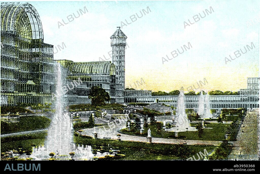 Crystal Palace, London, 20th Century. Designed by Sir Joseph Paxton, the Crystal Palace was originally built in Hyde Park to house the Great Exhibition of 1851. The structure was dismantled and relocated to Sydenham in 1854, where is stood until totally destroyed by a fire in 1936. Postcard from The Souvenir Album, Views of London And The River Thames, From London To Oxford, (London, 20th Century).