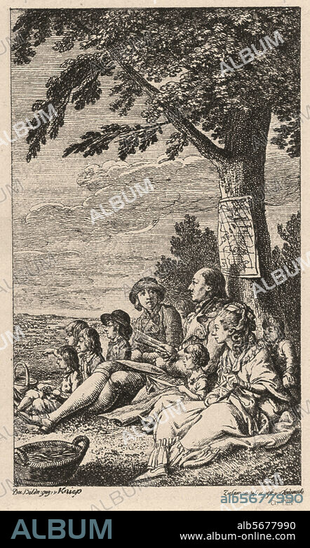 Campe, Joachim Heinrich; Pädagoge, Sprachforscher und Verleger; 1746-1818. Campe im Kreise seiner Familie. Radierung, 1779, von Daniel Chodowiecki. (1726-1801); 10,9 × 6.6 cm. Titelkupfer zu: J.H.Campe, Robinson Crusoe der Jüngere, 1. Aufl. 1779.