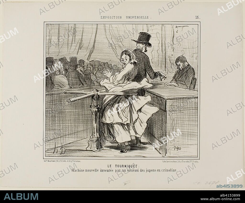 HONORé-VICTORIN DAUMIER. The Turnstile. A new machine invented by the enemy of crinoline petticoats, plate 15 from L'exposition Universelle. Honoré Victorin Daumier; French, 1808-1879. Date: 1855. Dimensions: 199 × 228 mm (image); 279 × 362 mm (sheet). Lithograph in black on white wove paper. Origin: France.