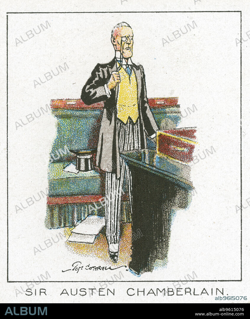 TOM COTTRELL. (Joseph) Austen Chamberlain, 1929. Chamberlain, (1863-1937), British statesman, born in Birmingham, was the eldest son of the statesman Joseph Chamberlain and half-brother of Neville Chamberlain, the future prime minister. He entered Parliament as a Conservative in 1892 and among the offices he held were Chancellor of the Exchequer (1903-1905 and 1919-1921), Secretary of State for India (1915-1917) and Lord Privy Seal (1921-1922). He shared the 1925 Nobel Prize for Peace with the US Vice-President Charles G Dawes. Caricature showing Chamberlain standing at the dispatch box and wearing his famous monocle. From a series of cards on Notable M.P.s. (London, 1929).