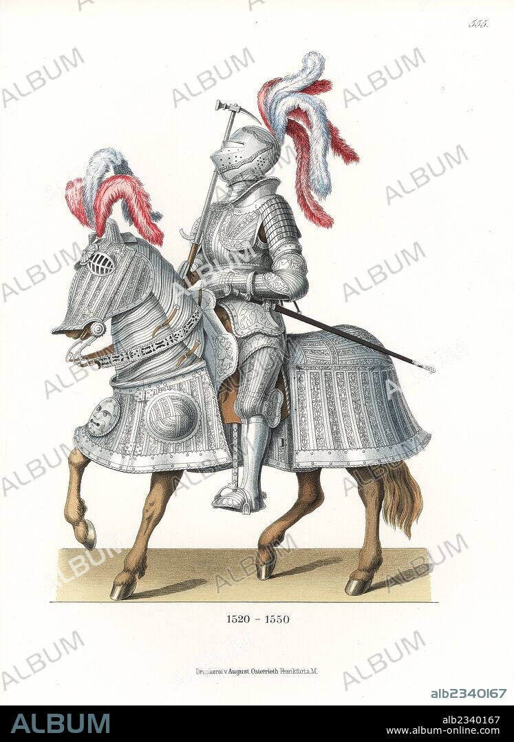 Full suit of ornate battle armour for man and barding for horse from the early 16th century. He wears a plumed helmet, and carries a battle hammer and sword. Richly engraved in the Kaiser Maximilian style. From the Dresden Museum of History. Chromolithograph from Hefner-Alteneck's "Costumes, Artworks and Appliances from the Middle Ages to the 17th Century," Frankfurt, 1889. Dr. Jakob Heinrich von Hefner-Alteneck (1811-1903) was a German museum curator, archaeologist, art historian, illustrator and etcher.