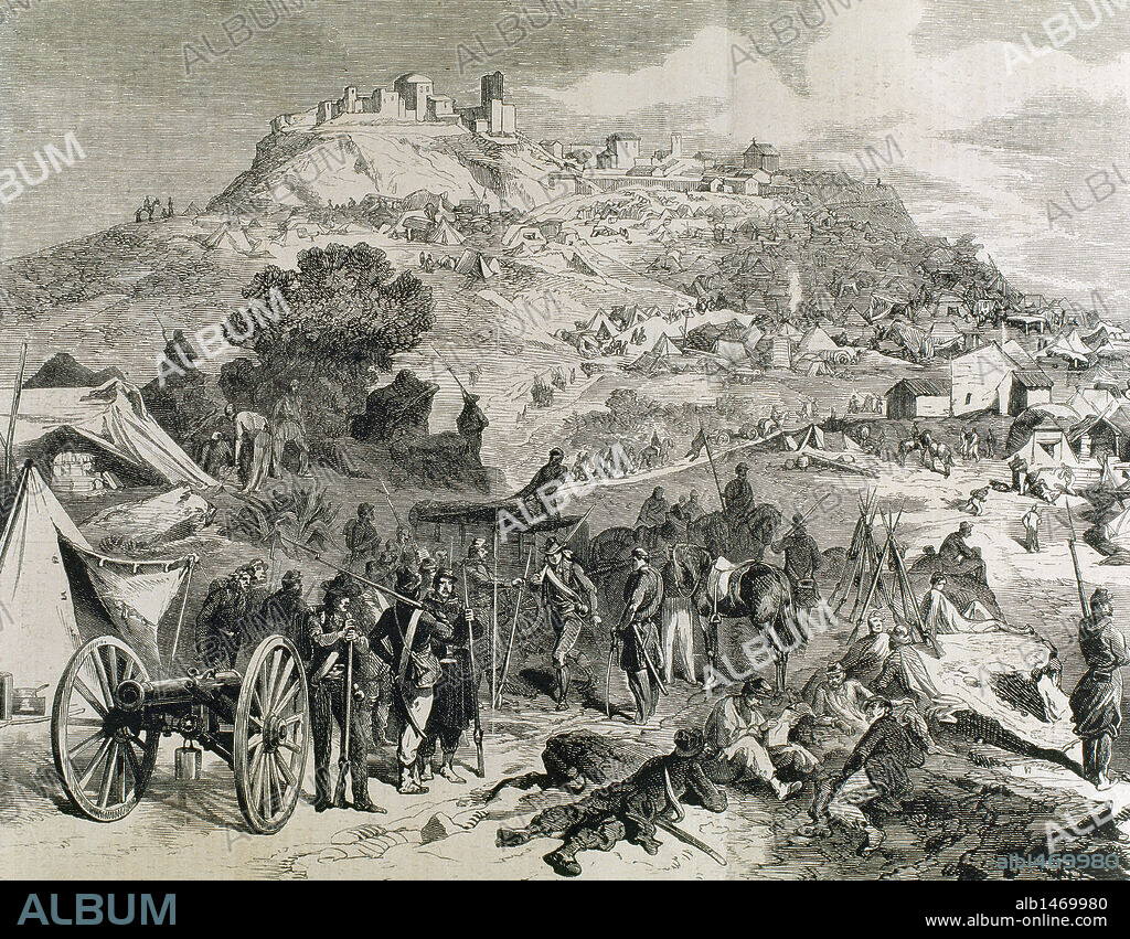UNIFICACION ITALIANA (1859-1924). CONQUISTA DE SICILIA (1860). Garibaldi se dirige a Palermo con los mil voluntarios llamados "Camisas Rojas" "CAMPAMENTO DE LAS TROPAS DE GARIBALDI EN CASTROGIOVANNI". Grabado de l'Illustration (1860) por M. Sutter.