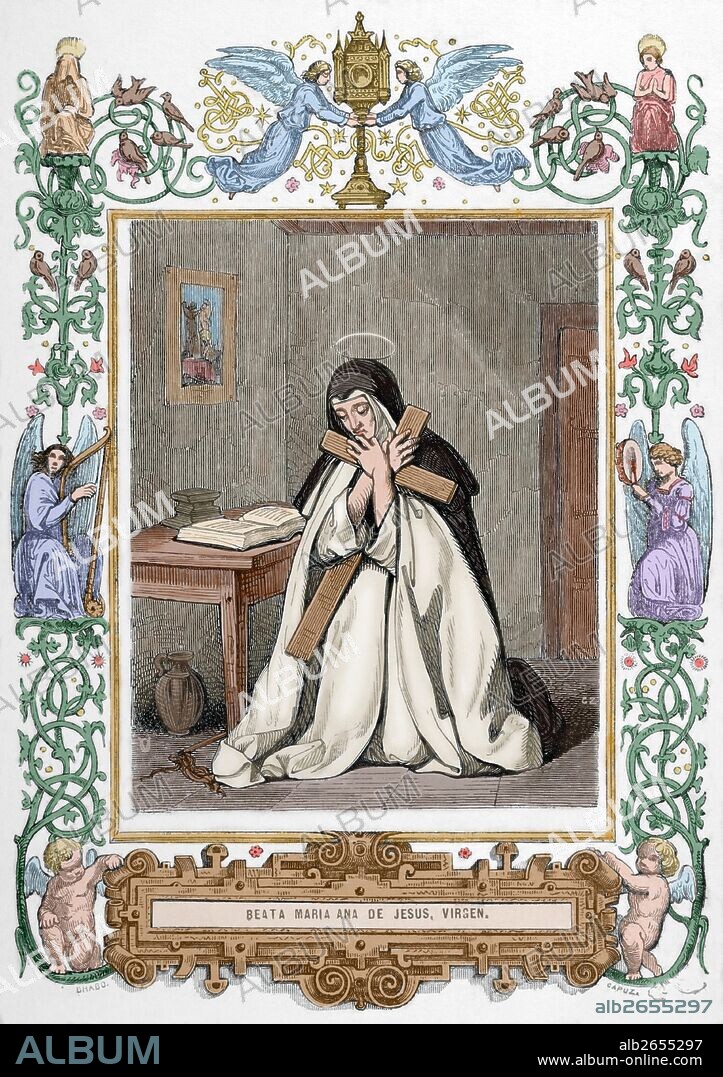 Blessed Mariana of Jesus, born Ana Maria Navarro Guevara and Romero (1565-1624). Spanish tertiary of the Order of Mercy. Engraving by Capuz, 1852. Colored.