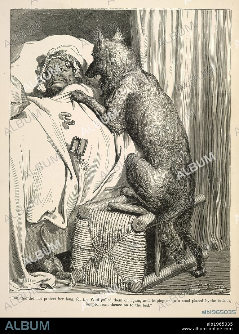 GUSTAVE DOR'E. The wolf. Fairy Tales told again. The wolf and the grandmother of Little Red Riding Hood.  Image taken from Fairy Tales told again. . Source: 12431.i.9,. Language: English.
