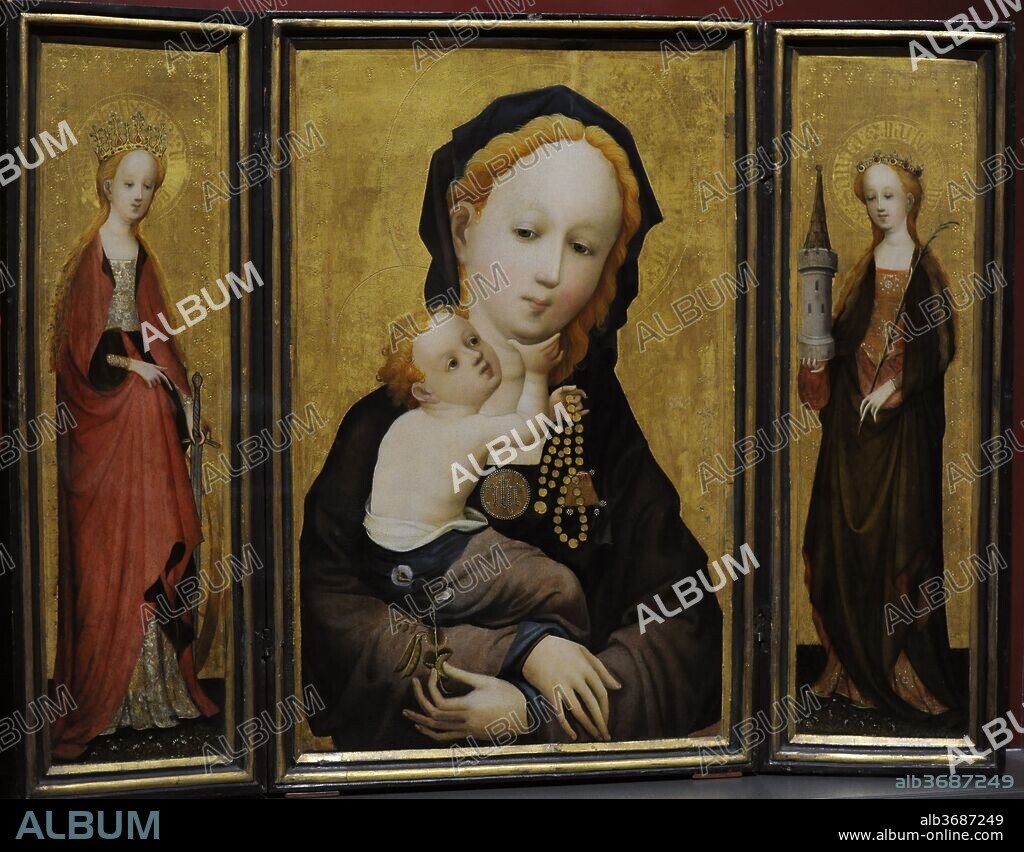 Master of Saint Veronica (active in Cologne, between 1395-1415). Madonna with the Flower of the Sweet Pea, ca.1410-1415. Triptych. On the left, Saint Catherine and, on the right, Saint Barbara. Walnut and oak wood. Wallraf-Richartz Museum. Cologne. Germany.