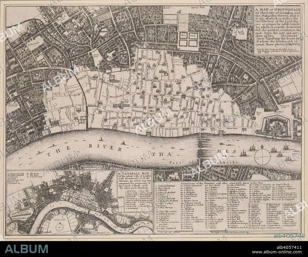 WENCESLAUS HOLLAR. An engraved map of London with the title in a square tablet at top right and a reference table with key to churches and other landmarks at bottom right. The map clearly shows the extent of the damage to the city caused by the great fire of 1666: the barren city wards in contrast with birdâ€™s eye views of surviving buildings just outside the city. Also by Hollar is the inset map at bottom left entitled A General Map of the Whole Citty of London, Westminster and all the Suburbs. Smaller in scale but more extensive in coverage, the inset map shows at a glance the extent of the damage caused by the fire. A map or groundplot of the citty of London and the suburbes thereof that is to say all which is within the iurisdiction of the Lord Mayor or properlie calld't Londo : by which is exactly demonstrated the present condition thereof since the last sad accident of fire. The blanke space signifeing the burnt part & where the houses are exprest, those places yet standig. [London] : sould by Iohn Overton at the White horse, in little Brittaine, next doore to little S. Bartholomew gate, 1666. Engraving. Source: Maps Crace Port.2.54. Language: English.