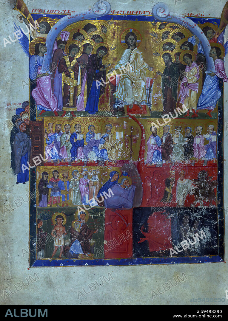 T'oros Roslin Gospels, The Last Judgment, This manuscript was made in 1262 by Toros Roslin, an extremely prominent illuminator, who extended the range of manuscript illuminations by introducing a whole cycle of images into the gospels rather than, as was traditional, only including the portraits of the evangelists. This particular manuscript was created at the scriptorium of Hromkla, which became the leading artistic center of Armenian Cilicia under the rule of catholicos Constantine I (1221-1267).Toros created this manuscript under commission from the nephew of Constantine, a priest also named Toros. It is one of seven known manuscripts bearing Toros Roslins signature, and it is the most sumptuous of them all, with 15 miniatures and 67 smaller illustrations. The style of the images suggests that Toros had several assistants helping with the illustrations, though the overall quality remains extremely high. The manuscript was long cherished within the Armenian church. Even in the seventeenth century, its illumination served as a model for Armenian scribes, particularly Bargham and his son Mikayel; in the latter manuscript, Mikayel explicitly refers to 'the excellent scribe Toros, surnamed Roslin.'.