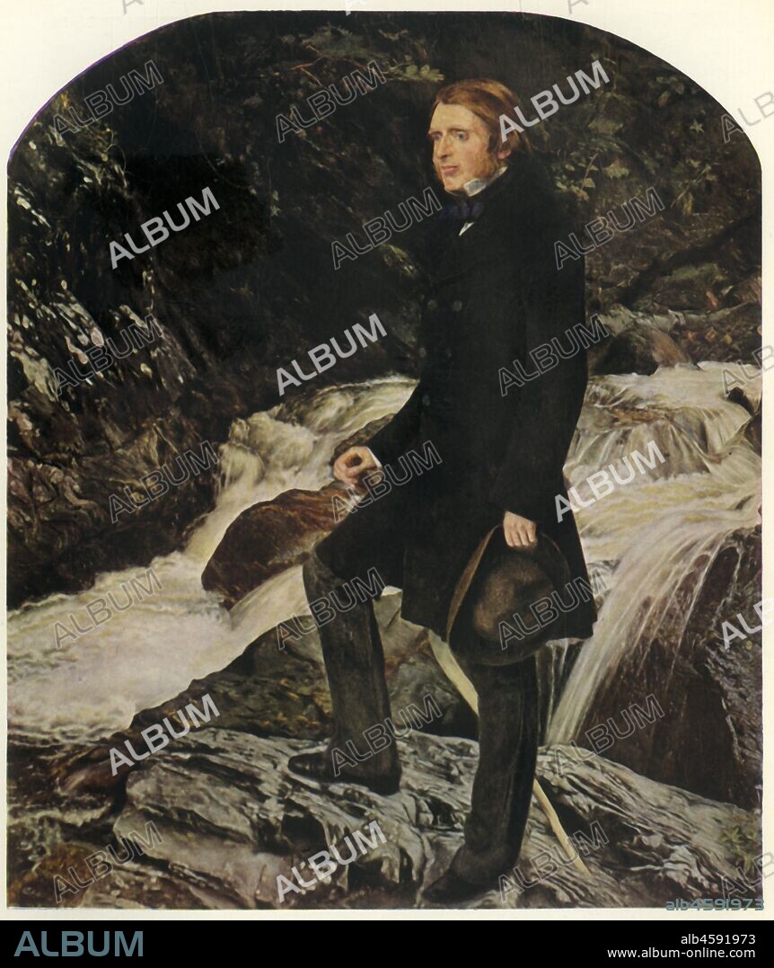 John Ruskin, 1853-1854, (1944). Portrait of English artist, critic and author John Ruskin (1819-1900), by his friend John Everett Millais. It was painted at Brig o'Turk, in the Trossachs near Stirling in Scotland, and the frequent rain and plagues of midges made the experience trying for both sitter and painter. To complicate matters further, Millais was falling in love with Ruskin's wife Effie. She left Ruskin and married Millais, and Ruskin eventually gave the picture to his old Oxford friend Sir Henry Acland. Painting in the Ashmolean Museum, Oxford. From "British Portrait Painters", by John Russell. [Collins, London, 1944].