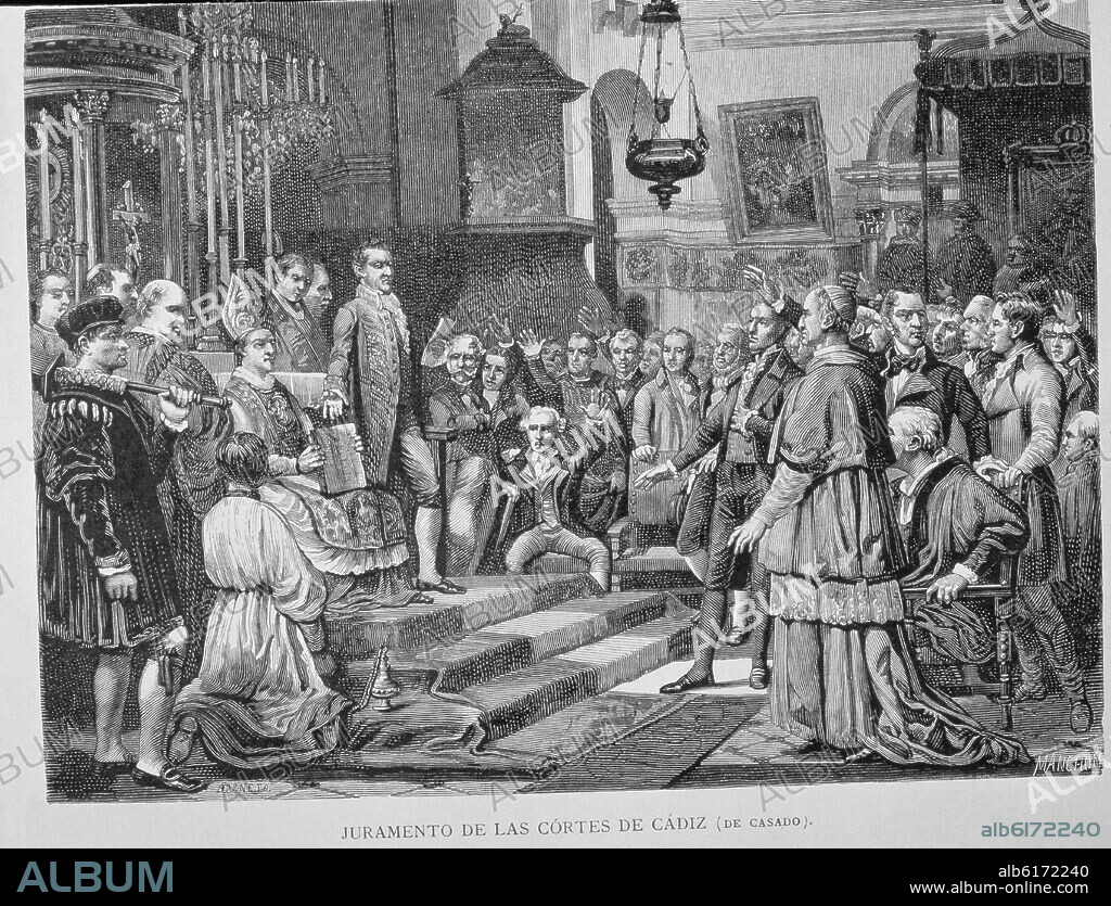 BARNETO / MANCHON. JURAMENTO DE LAS CORTES DE CADIZ EN 1810  - GRABADO DEL CUADRO DE JOSE CASADO DEL ALISAL - GRABADO SIGLO XIX.