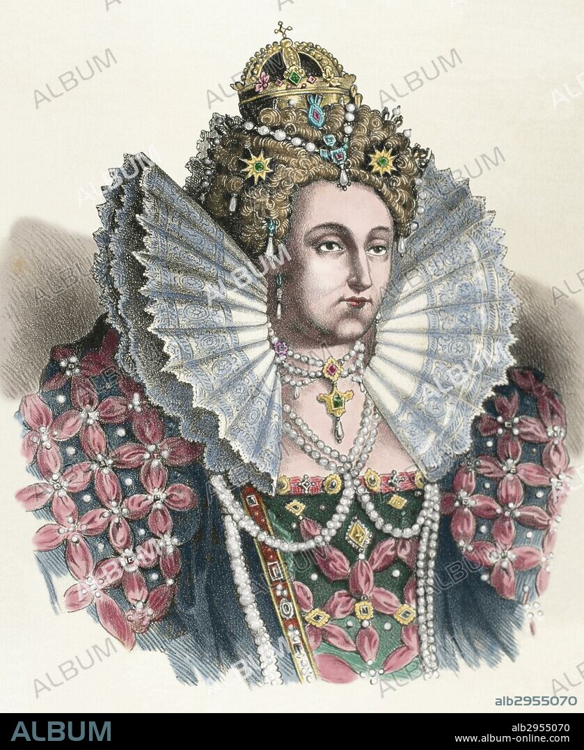 ISABEL I (Greenwich,1533-Richmond,1603). Reina de Inglaterra e Irlanda (1558-1603). Gobernó con autoridad. Restableció el anglicanismo e hizo decapitar a María Estuardo. Se relacionó con los Estados protestantes y luchó contra España. Restauró las finanzas y favoreció el comercio marítimo. Protegió las letras y las artes. Fue la última de la dinastía Tudor. Grabado de "Historia de España" (siglo XIX). Coloreado.