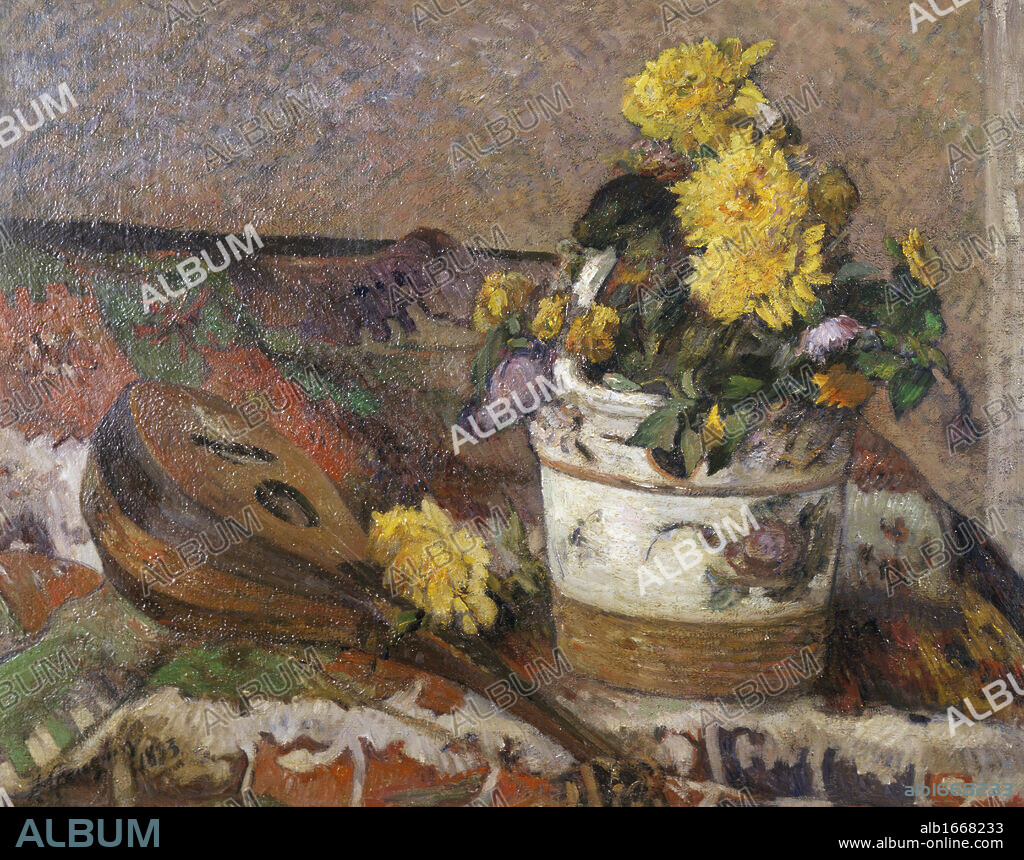 EUGÈNE HENRI PAUL GAUGUIN. Mandolin and Vase of Flowers, 1883, Paul Gauguin (1848-1903/French), Oil on Canvas.