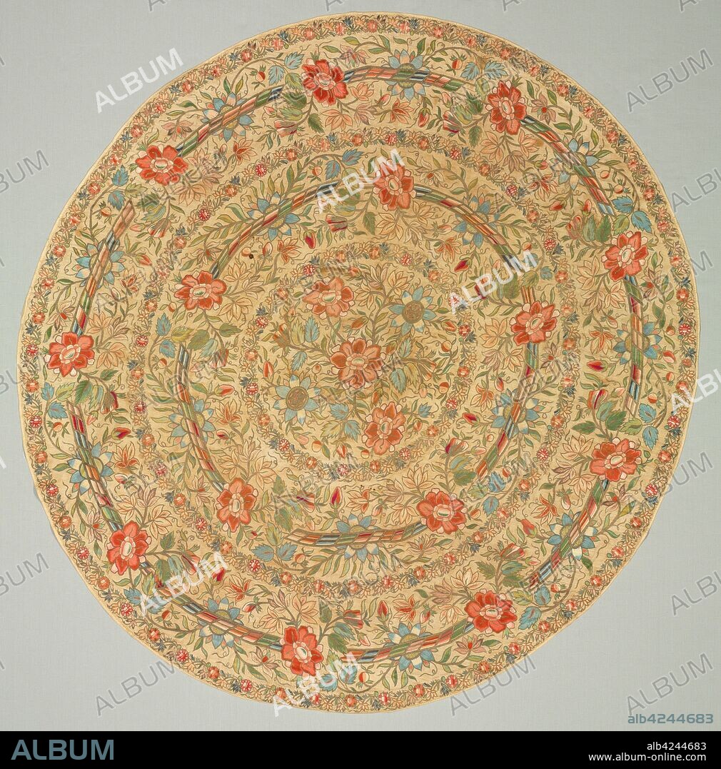 Embroidered tray cover, 1800s. Turkey. Plain weave: linen; embroidery, chain stitch: silk and gilt-metal thread; overall: 148.5 x 157 cm (58 7/16 x 61 13/16 in.).