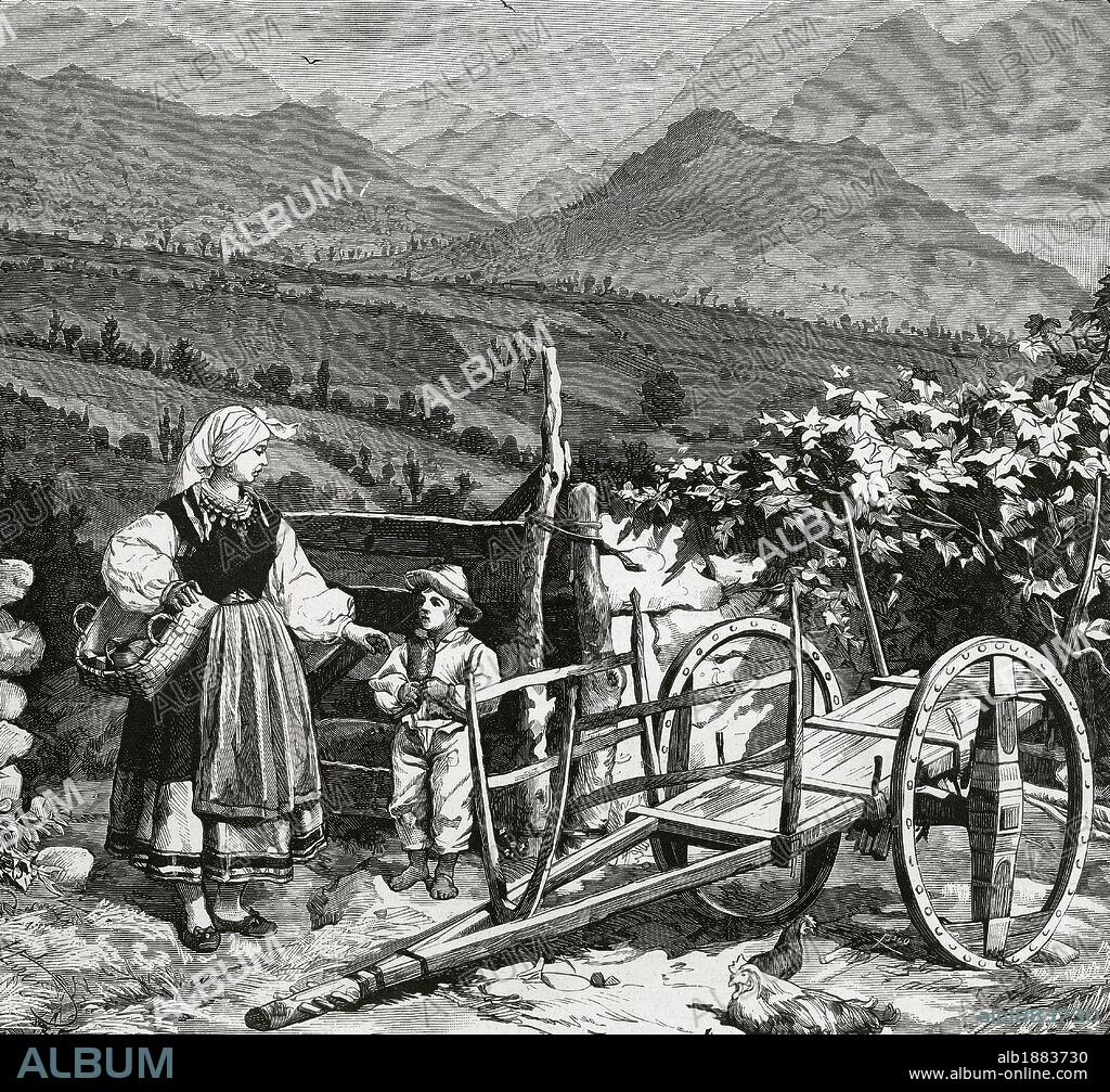 SOCIEDAD SIGLO XVIII-XIX. CAMPESINOS DEL NORTE DE ESPAÑA. Grabado de "La Ilustración Española y Americana". Siglo XIX.