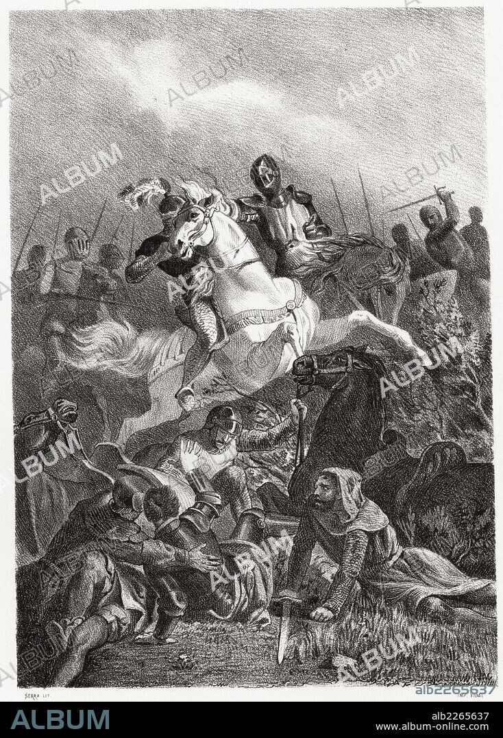 Historia de España. El príncipe Felipe I de Tarento (1278-1332) es hecho prisionero de los sicilianos en la batalla de Falconara, en 1299. Grabado de 1872.
