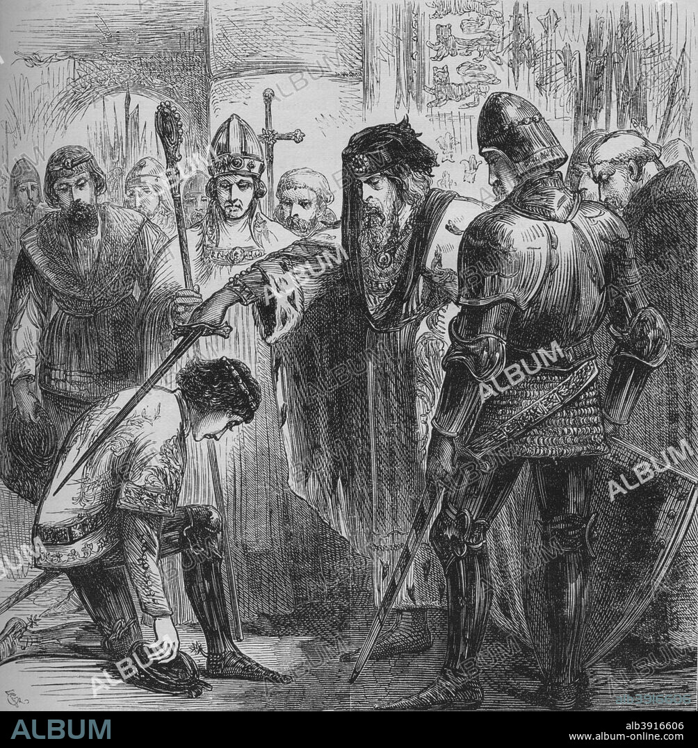 'Edward III. Knighting the Black Prince', 1384, (c1880). Edward of Woodstock (15 June 1330- 8 June 1376), the Black Prince, was the eldest son of King Edward III. In 1348 he was made a Founding Knight of the Garter. From British Battles on Land and Sea, Vol. I, by James Grant. [Cassell Petter & Galpin, London, Paris & New York, c1880].