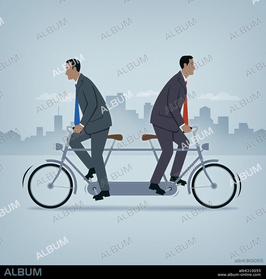 Two businessmen going in opposite directions on tandem bicycle.