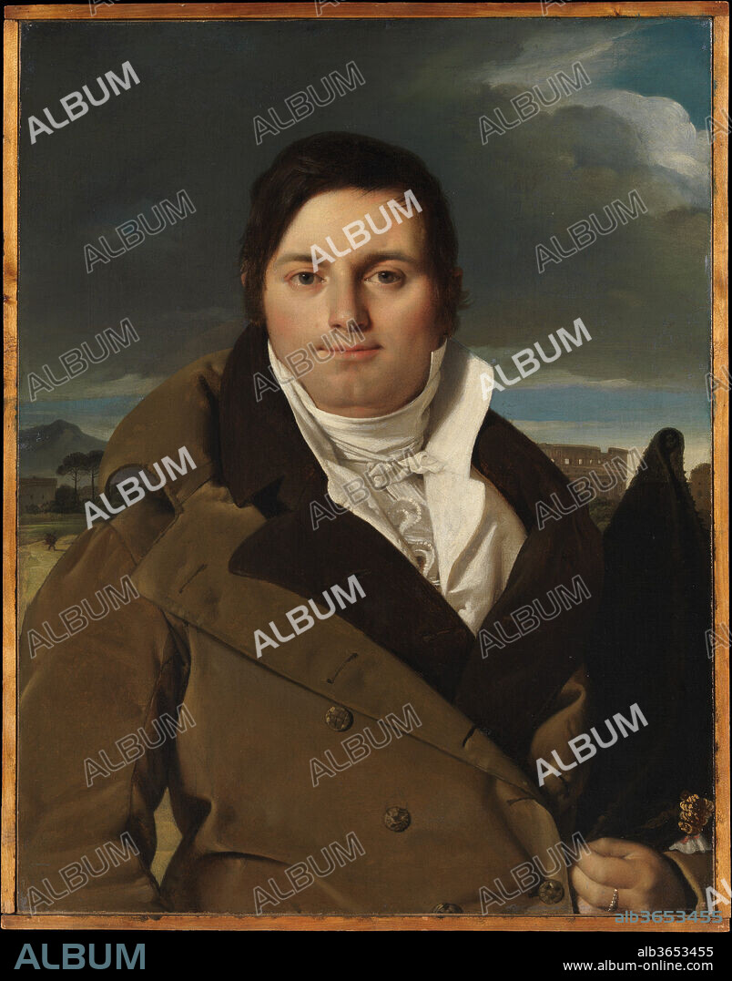 Joseph-Antoine Moltedo (born 1775). Artist: Jean Auguste Dominique Ingres (French, Montauban 1780-1867 Paris). Dimensions: 29 5/8 x 22 7/8 in. (75.2 x 58.1 cm). Date: ca. 1810.
Corsican by birth, Moltedo was an enterprising businessman and inventor, agent to the French clergy at the Vatican, and director of the Roman post office from 1803 until 1814. Painted during one of the most productive periods of Ingres's nascent career, this refined portrait belongs to a series of commissions he received from French officials in Napoleonic Rome. They are distinguished by the inclusion of Roman views as backdrops--in this case the Appian Way and the Colosseum--as well as by stormy gray skies, a Romantic conceit that serves as a foil to the calm and secure expressions of the men portrayed.