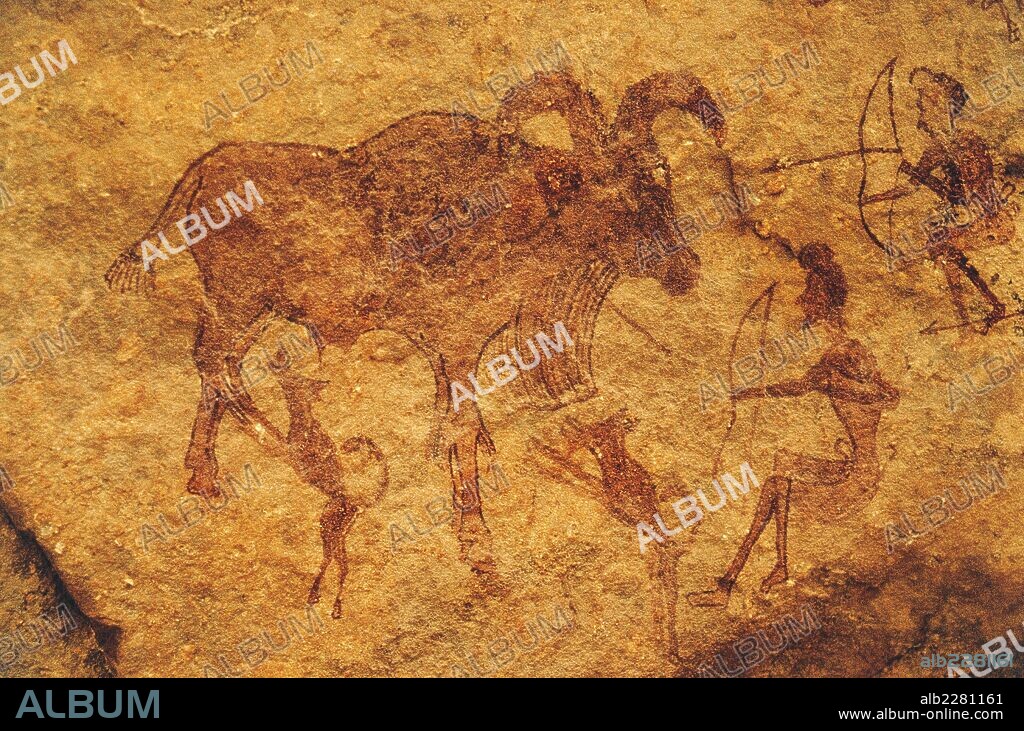 Archers, dogs and a hoofed animal, cave painting, Tassili n'Ajjer (Unesco World Heritage List, 1982), Algeria.