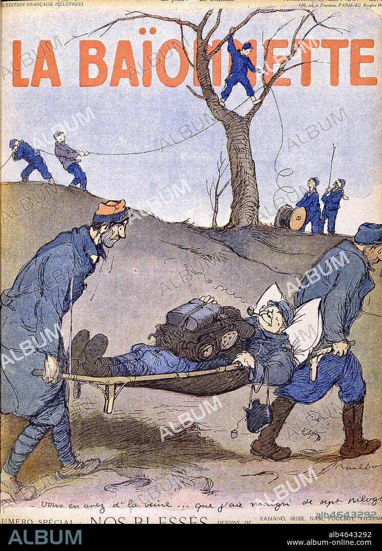 'Nos blesses' : soldat transporte sur une civiere. Couverture de La Baionnette en 1916 illustree par POULBOT (1879-1946). Credit : Collection KHARBINE-TAPABOR.