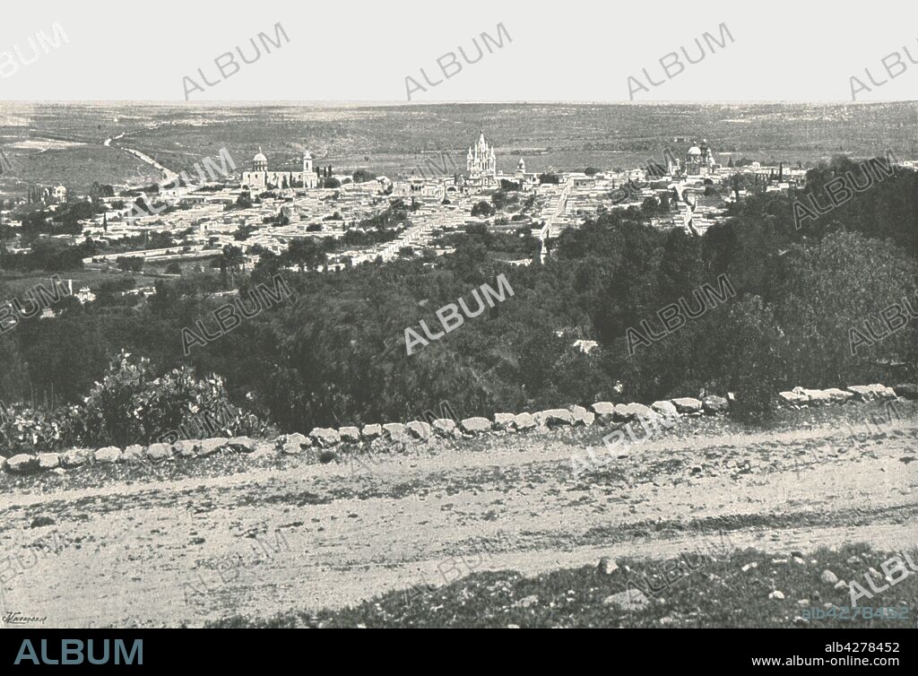 Panorama of the city, San Miguel de Allende, Mexico, 1895. View of the town in Guanajuato, central Mexico, which was named after the 16th-century friar Juan de San Miguel, and Ignacio Allende, a martyr of Mexican Independence. From "Round the World in Pictures and Photographs: From London Bridge to Charing Cross via Yokohama and Chicago". [George Newnes Ltd, London, 1895].
