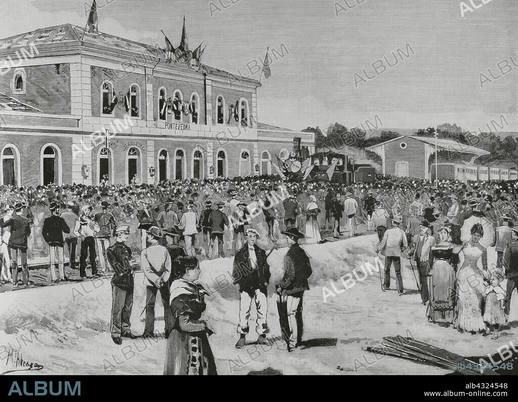 MANUEL ALCÁZAR RUIZ (1858-1914). SPANISH ARTIST. BERNARDO RICO (1825-1894). SPANISH PAINTER AND ENGRAVER.. Compañía del Ferrocarril de Medina del Campo a Zamora y de Orense a Vigo (MZOV). Empresa española ferroviaria operativa entre 1862 y 1928. Su director gerente era el capitalista catalán Sr. Caterineu. Conectaba Galicia con la meseta central. Pontevedra. Inauguración del ferrocarril de Redondela a Pontevedra. Bendición de la locomotora "Pontevedra" (número 52), el 30 de junio de 1884. La máquina estaba adornada con escudos de armas de la ciudad y de Barcelona, banderas, gallardetes y guirnaldas. Dibujo de Manuel Alcázar (1858-1914). Grabado por Bernardo Rico (1825-1894). La Ilustración Española y Americana, 1884.