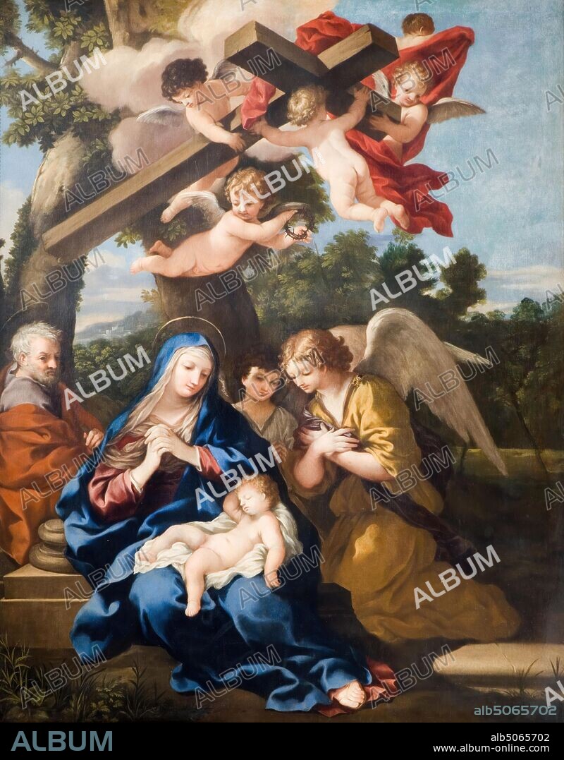 The Holy Family with Angels, 1700 School Pietro B da Cortona, Oil Painting, Baroque, Religion, Christian, Angel, Bible, Cross, Religion, Virgin Mary, Religion, Jesus Christ.