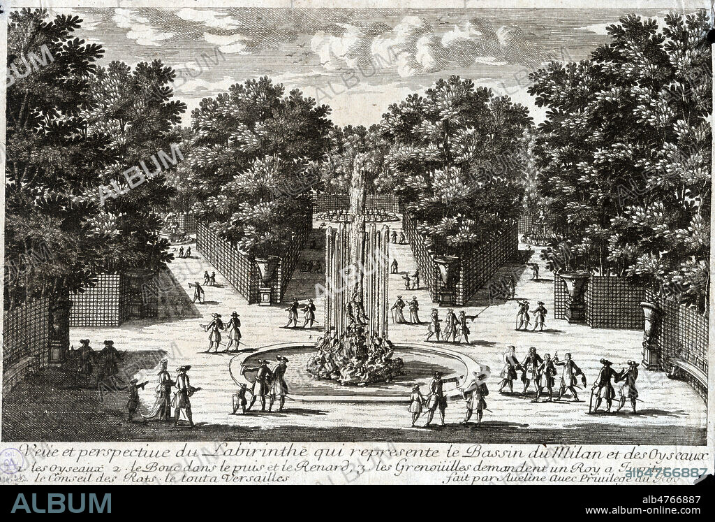 'Vue et perspective du labyrinthe qui represente le bassin du Milan... a Versailles'. Gravure du 18eme s (XVIIIe, 18e s). Illustration anonyme. Credit : Collection IM/KHARBINE-TAPABOR.