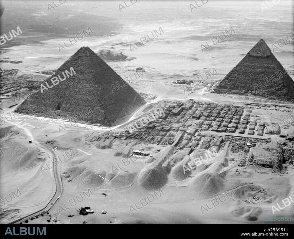 Aerial view of the pyramids, Egypt. The two largest pyramids of Giza. Taken from the west. 1932.