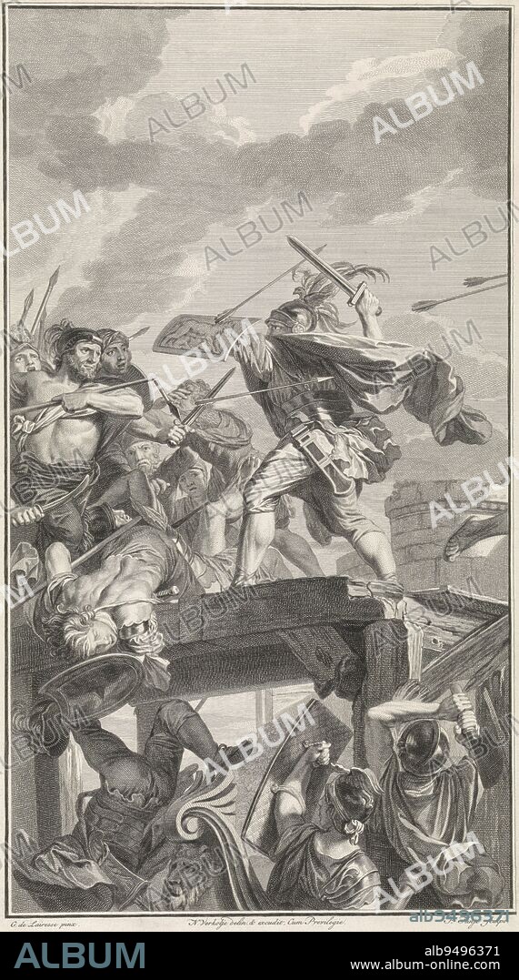 Horace Coclus prevented Rome from being conquered by Etruscan troops, by fending off the attackers on a wooden bridge over the Tiber Behind him, Roman soldiers break down the bridge Depiction in the Council Chamber of the Court of Justice of Holland, Zeeland and West Friesland in the Binnenhof at The Hague, Horatius Cocles defends himself on the bridge Tafereelen, in the Council Chamber of the Court of Justice of Holland, Zeeland and West Friesland , print maker: Pieter Tanjé, (mentioned on object), after: Gerard de Lairesse, (mentioned on object), intermediary draughtsman: Nicolaas Verkolje, (mentioned on object), Amsterdam, 1737, paper, etching, engraving, h 432 mm × w 248 mm.