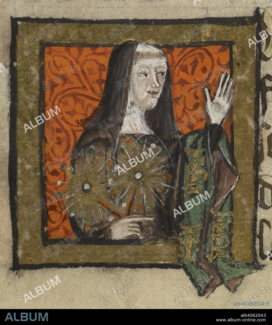 ALAN STRAYLER, THOMAS WALSINGHAM and WILLIAM DE WYLUM. Portrait of a person raising one hand. Liber benefactorum of St Albans Abbey (â€˜Golden Book of St Albansâ€™). 1380-Mid 16th century. Source: Cotton Nero D. VII f.83v. Language: Latin.