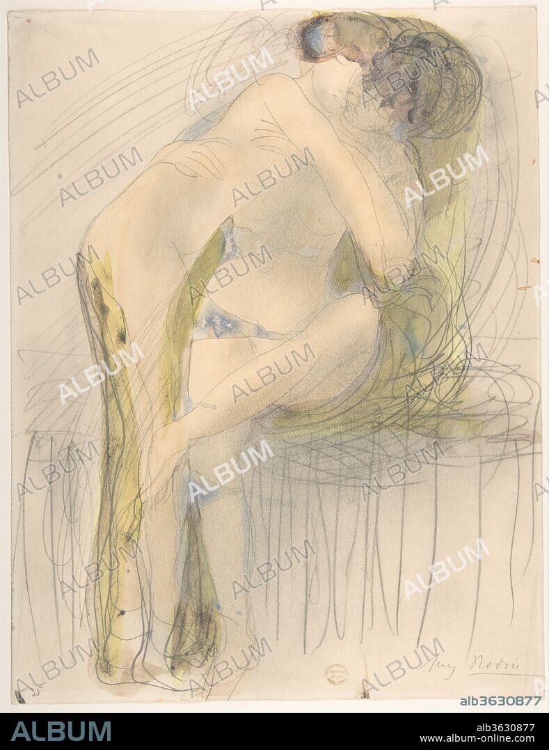 The Embrace. Artist: Auguste Rodin (French, Paris 1840-1917 Meudon). Dimensions: 12 13/16 x 9 7/8 in. (32.5 x 25.1 cm). Date: 1900-1910.
When Rodin was pleased with a sketch from life, he copied or traced the composition onto a new sheet, adding washes for skin tone and hair color. He might then rework the drawing further by reinforcing certain areas with graphite and highlighting with watercolor and gouache. In this example, the artist maintains the tenderness of the couple's embrace while creating a sense of vibration and energy through vigorous graphite strokes and yellow and blue watercolor mixed with gouache.