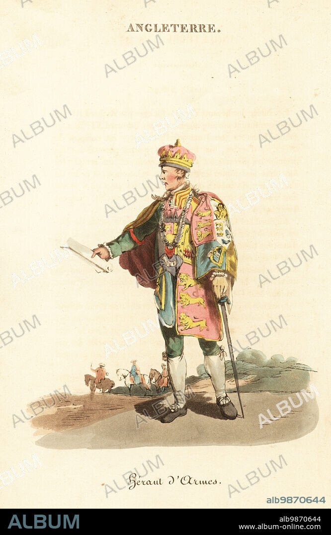 Herald of Arms at the College of Heralds, 1800s. One of six: Somerset, Chester, Richmond, York, Windsor and Lancaster. In crown and armorial tabard with coats of arms. Heraut d'armes. Handcoloured copperplate engraving after an illustration by William Alexander from J-B. Eyries L'Angleterre ou Costumes, Moeurs et Usages des Anglais, England: Costumes, Manners and Mores of the English, Librairie de Gide Fils, Paris, 1821. Jean-Baptiste Eyries (1767-1846) was a French geographer, author and translator.