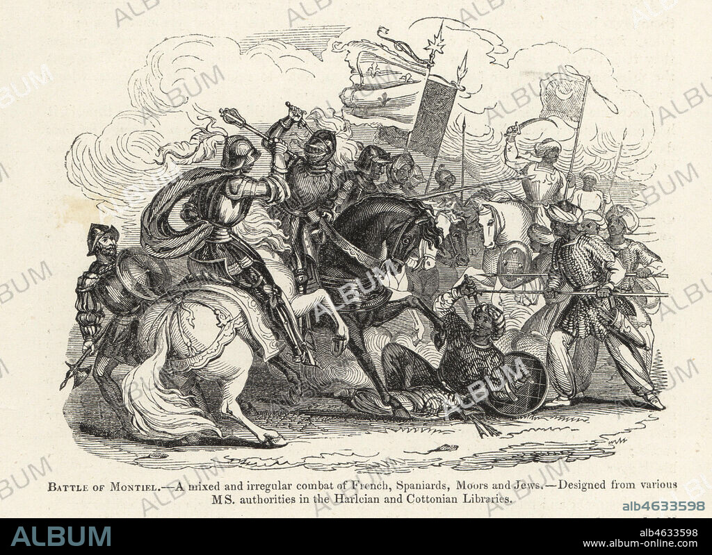 Battle of Montiel, Spain, 1143. A mixed and irregular combat of French, Spaniards, Moors and Jews. Battle between the Christian army of Muno Alfonso and Almoravid Moors on the other. Woodcut after an illuminated manuscript from Sir John Froissart's Chronicles of England, France, Spain and the Adjoining Countries, from the Latter Part of the Reign of Edward II to the Coronation of Henry IV, George Routledge, London, 1868.