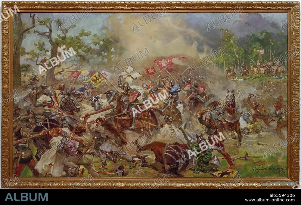 WOICIECH VON KOSSAK. Battle near Tannenberg, 15 July 1410. (Defeat of the German Order against Polen and Lithuania under Jagiello). "The Battle near Tannenberg-Grunwald". Painting, 1931, by Wojciech Kossak. (1857-1942). Oil on canvas, 130 × 220cm. Olsztyn, Muzeum Warmii Mazur.
