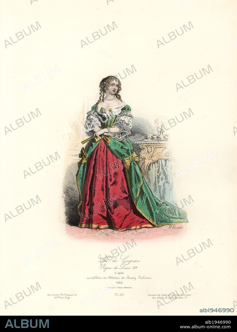 Madame de Grignan, reign of Louis XIV, 1663. Françoise-Marguerite de Sévigné (1646–1705), aristocratic letter writer. Handcoloured steel engraving by Polidor Pauquet after a painting in the Chateau de Bussy Rabutin from the Pauquet Brothers' "Modes et Costumes Historiques" (Historical Fashions and Costumes), Paris, 1865. Hippolyte (b. 1797) and Polydor Pauquet (b. 1799) ran a successful publishing house in Paris in the 19th century, specializing in illustrated books on costume, birds, butterflies, anatomy and natural history.