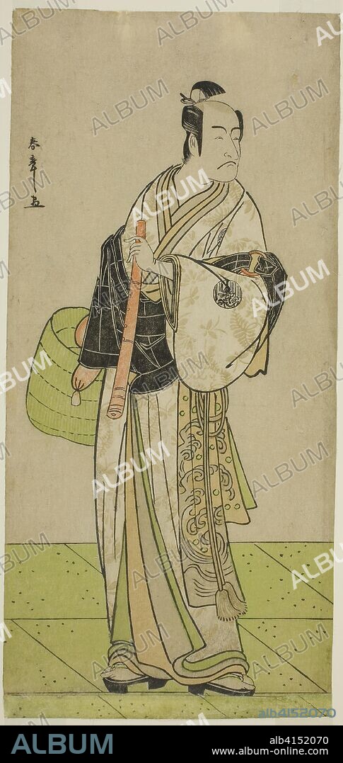 The Actor Ichikawa Ebizo as Kudo Suketsune Disguised as a Komuso in the Play Waka Murasaki Edokko Soga, Performed at the Ichimura Theater in the First Month, 1792. Katsukawa Shunsho ?? ??; Japanese, 1726-1792. Date: 1787-1797. Dimensions: 28.8 x 13.9 cm (11 5/16 x 5 1/2 in.). Color woodblock print; hosoban; center sheet of triptych. Origin: Japan.
