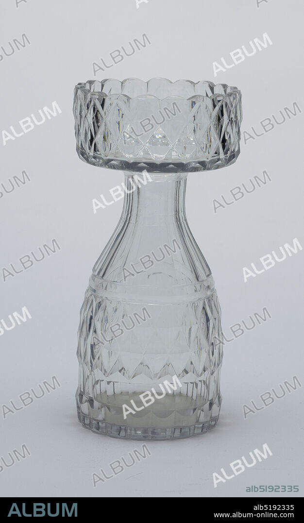 Vase, glass, Ovoid body tapers to fluted neck, wide flat lip with turned-up rim and scalloped border; body and upper rim cut with diamonds, pillar flutes at base. Hyacinth, possibly Cork, Ireland, ca. 180010, glasswares, Decorative Arts, Vase.