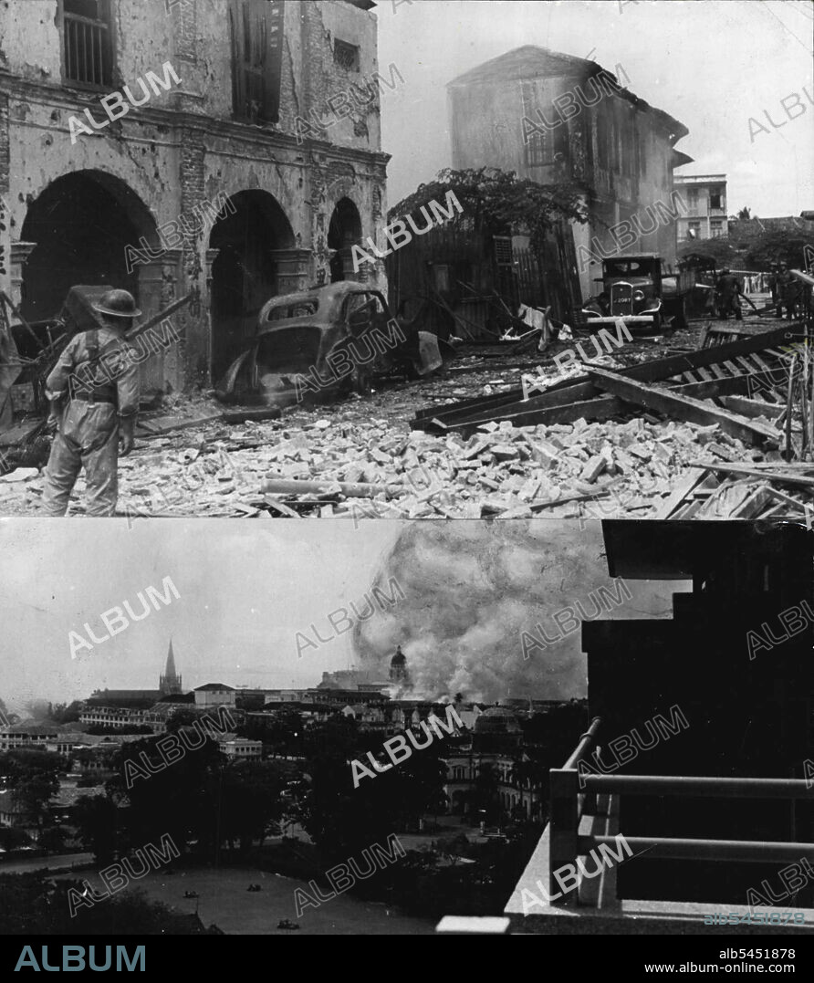 Firefighters at work.This series of pictures was taken a few days before the Japanese landed on the island of Singapore. They show the damage done by Japanese bombings. February 14, 1942. (Photo by Metropolitan Morning Papers).