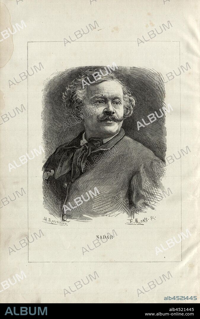 Swim, Portrait of Gaspard-Félix Tournachon (Nadar), photographer and airshipman, Signed: H. Rousseau; E. Mons sc, frontispiece, Rousseau, Henri (dess.); Mons, E. (sc.), 1876, Alfred Sircos; Th. Pallier: Histoire des ballons et des ascensions célèbres avec une préface de Nadar: dessins de A. Tissandier [...]. Paris: F. Roy, 1876.
