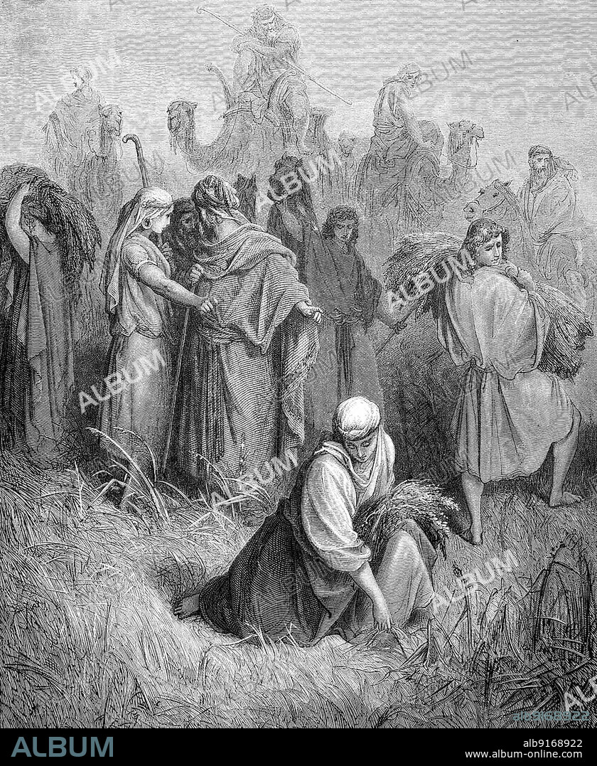 Ruth in Boaz's field, Boaz is a biblical figure who appears in the Book of Ruth in the Hebrew Bible, Historical, digitally restored reproduction of an original 19th century original, exact original date unknown