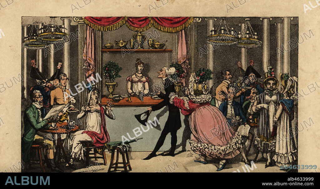 Gentleman caught by his wife while flirting with the Limonadiere. Doctor Syntax chatting with the barmaid at the Cafe des Mille Colonnes. Fashionable dandies and soldiers take tea and coffee among the columns and chandeliers. Handcoloured copperplate drawn and engraved by Charles Williams from Doctor Syntax in Paris; or a Tour in Search of the Grotesque, W. Wright, London, 1820.