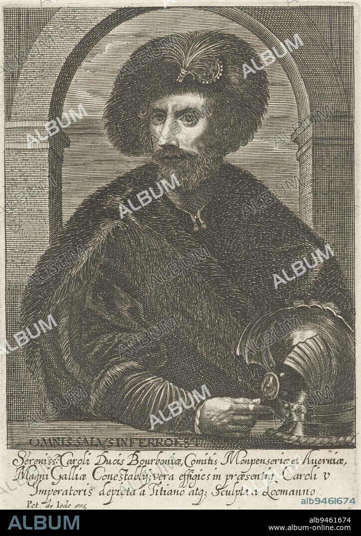 Portrait of Charles de Bourbon, Arnold Loemans, after Titian, 1632 - 1670, Portrait of Charles de Bourbon, Count of Soisson., print maker: Arnold Loemans, (mentioned on object), after: Titiaan, (mentioned on object), publisher: Pieter de Jode, (mentioned on object), Antwerp, 1632 - 1670, paper, engraving, h 175 mm × w 123 mm.