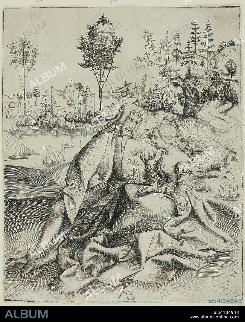MASTER M. Z.. Two Lovers. Master M.Z.; German, active 1500-1550. Date: 1495-1505. Dimensions: 149 x 121 mm (sheet trimmed within plate mark). Engraving in black on ivory laid paper. Origin: Germany.