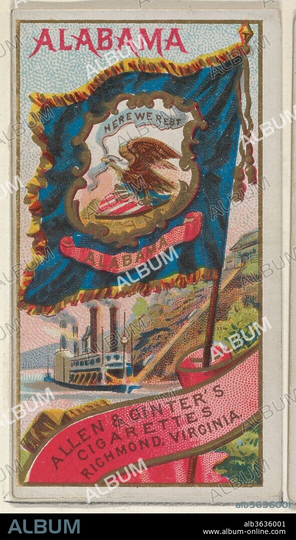 Alabama, from Flags of the States and Territories (N11) for Allen & Ginter Cigarettes Brands. Dimensions: Sheet: 2 3/4 x 1 1/2 in. (7 x 3.8 cm). Publisher: Issued by Allen & Ginter (American, Richmond, Virginia). Date: 1888.
Trade cards from the "Flags of the States and Territories" series (N11), issued in 1888 in a set of 47 cards to promote Allen & Ginter brand cigarettes. There are also approximately 100 scroll color variations. The museum's collection contains the full set of 47 cards, as well as 54 scroll color variations and one cutout card.