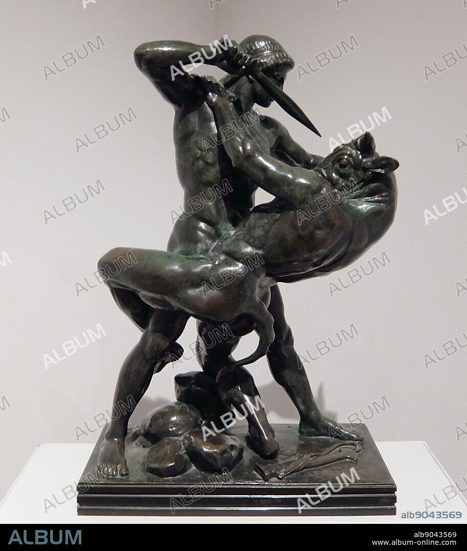 Bronze sculpture titled 'Theseus Slaying the Minotaur' by Antoine-Louis Barye. Antoine-Louis Barye (1795-1875) a Romantic French sculptor.