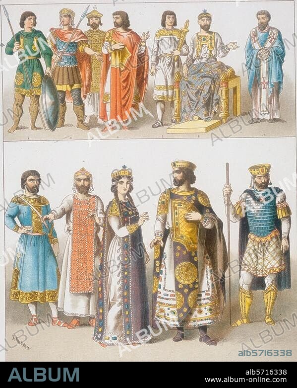 Histoire du costume / Byzance, IXe-Xe. "Byzance / 800-1000 / (...) 6.9. Basile 886. 7. Evêque. 10. Impératrice. 11. Empereur. 12. Basile II, 1025". Litho. coul. d'ap. dessin de Albert Kretschmer (1825-1891). N°24 d'une série sur les costumes, Gera-Untermhaus (Franz Eugen Köhler). v. 1881. Paris, Collection particulière.